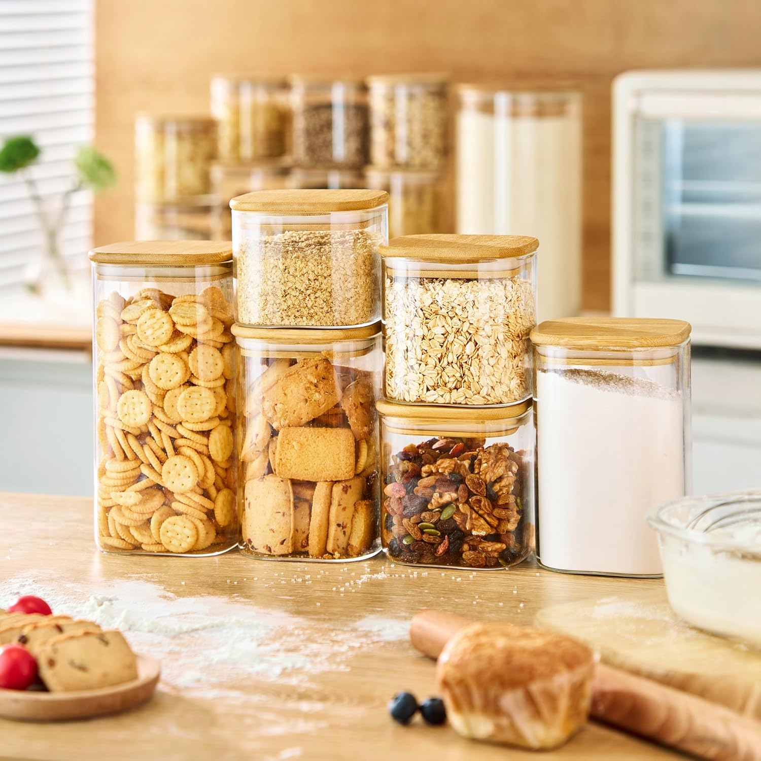 42oz & 27oz - 4 Pack Square Glass Jars with Bamboo Lids, Glass Food Storage Containers with