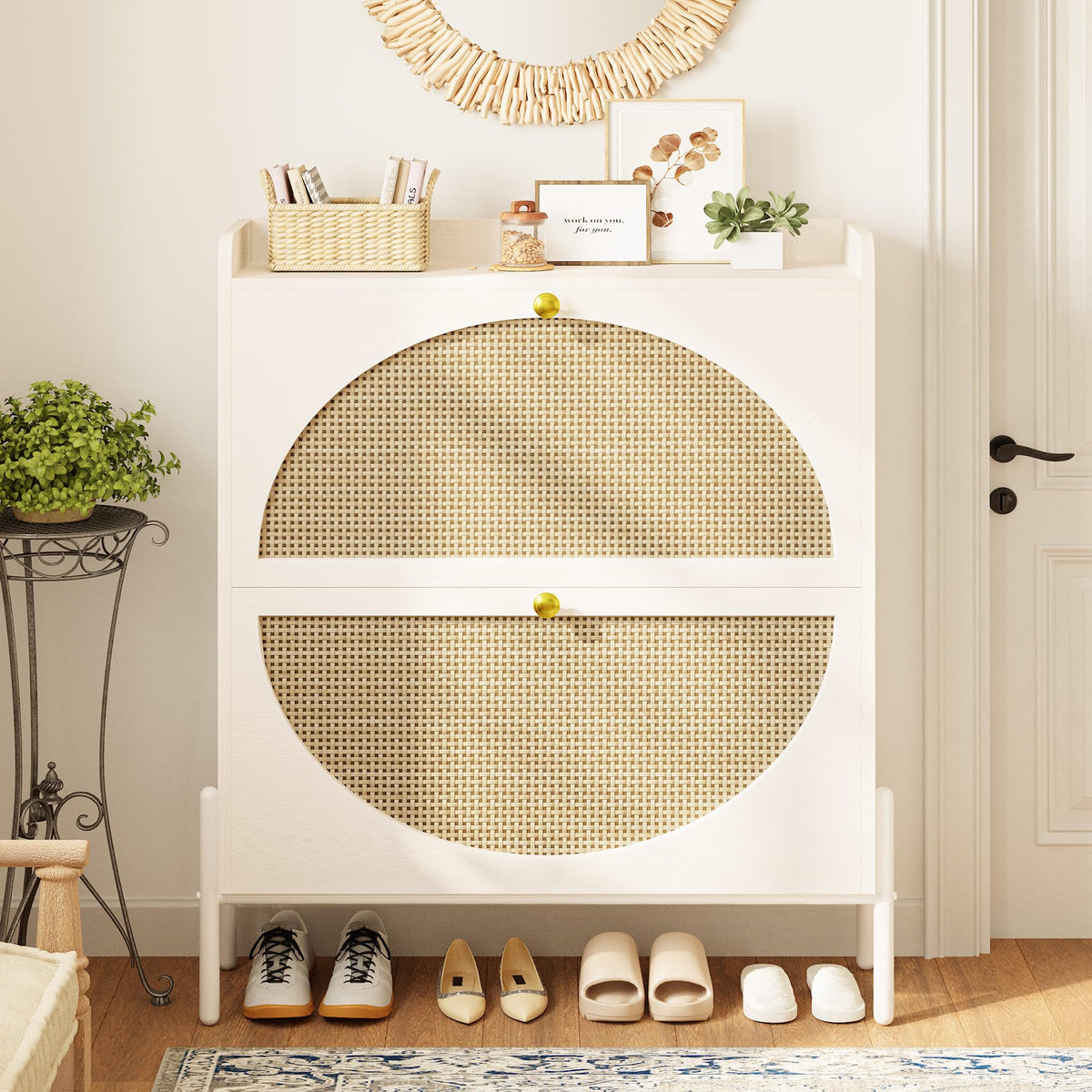 IRONCK Rattan Shoe Cabinet Storage with 2 Flip Drawers, White