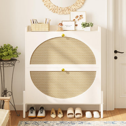 IRONCK Rattan Shoe Cabinet Storage with 2 Flip Drawers, White