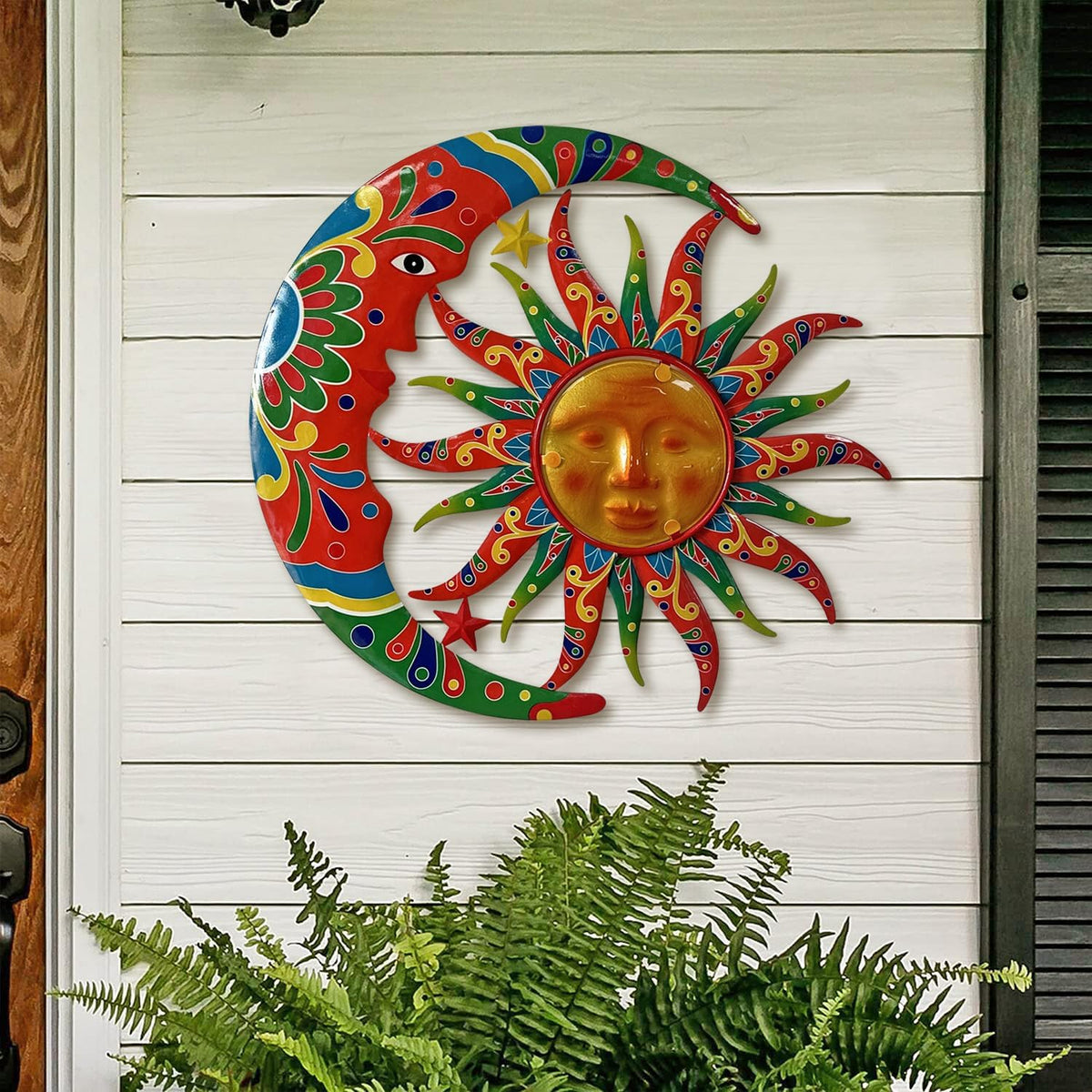 Limygus Sun and Moon Wall Decorations for Outdoor, Colorufl Metal Sun Wall Art Decor with Moon &