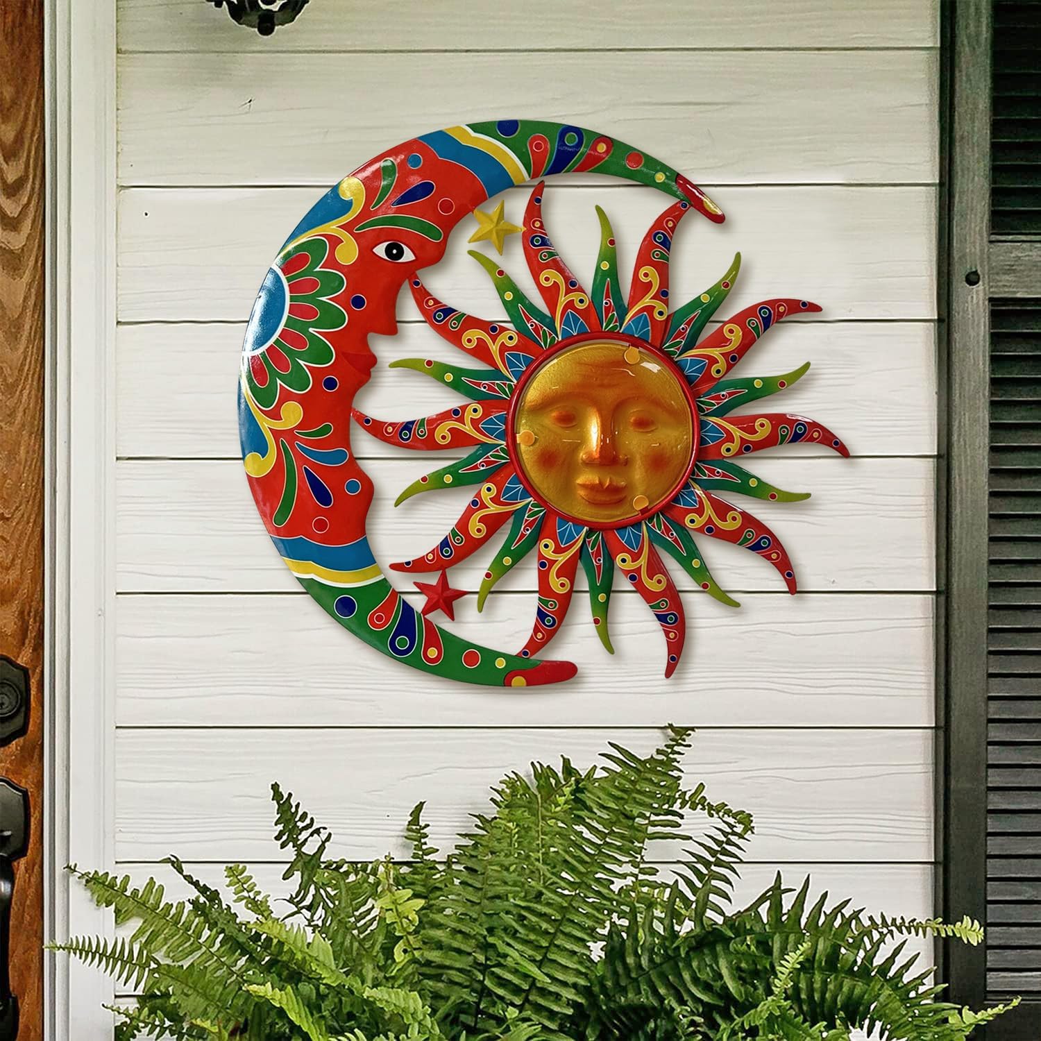 Limygus Sun and Moon Wall Decorations for Outdoor, Colorufl Metal Sun Wall Art Decor with Moon &