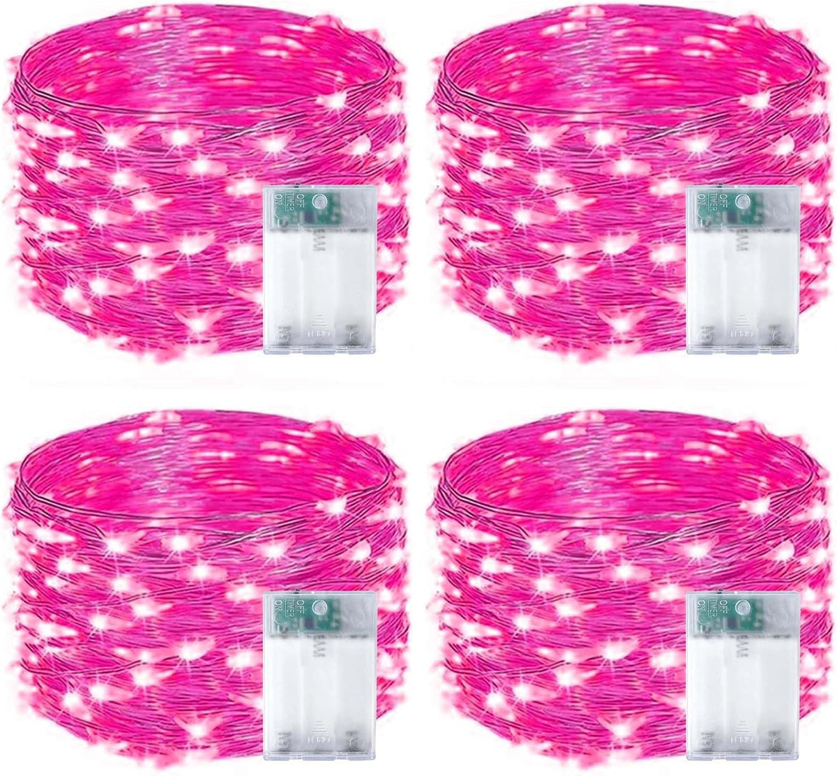 4-Pack 50 LED Pink Fairy Lights Battery Operated with Timer, 16FT Waterproof Starry String Lights