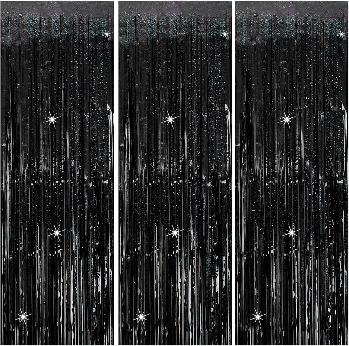 3 Pack Black Party Streamers Backdrop Tinsel Foil Fringe Curtains Halloween Party Decorations