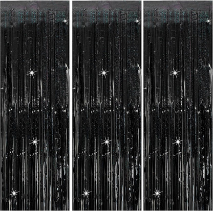 3 Pack Black Party Streamers Backdrop Tinsel Foil Fringe Curtains Halloween Party Decorations