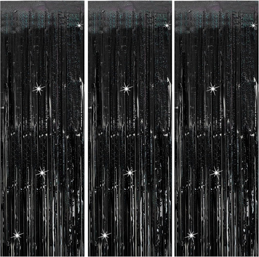3 Pack Black Party Streamers Backdrop Tinsel Foil Fringe Curtains Halloween Party Decorations