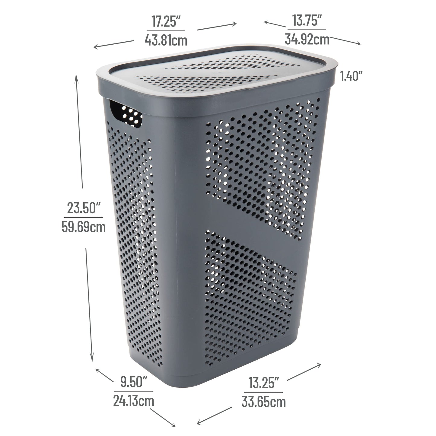Mind Reader Slim Laundry Hamper with Lid, 60L Clothes Basket, Ventilated Plastic, Gray