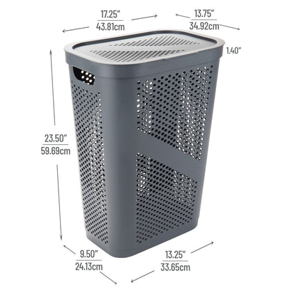 Mind Reader Slim Laundry Hamper with Lid, 60L Clothes Basket, Ventilated Plastic, Gray