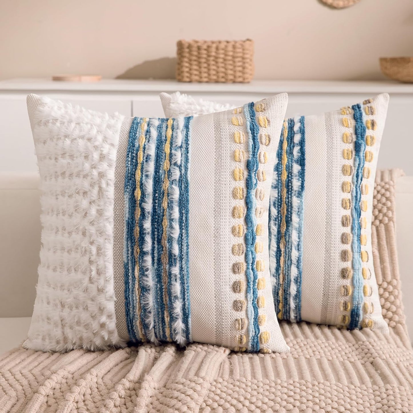 Boho Chenille Tufted Couch Throw Pillow Covers 18x18 Inch Set of 2 Farmhouse Striped Decorative