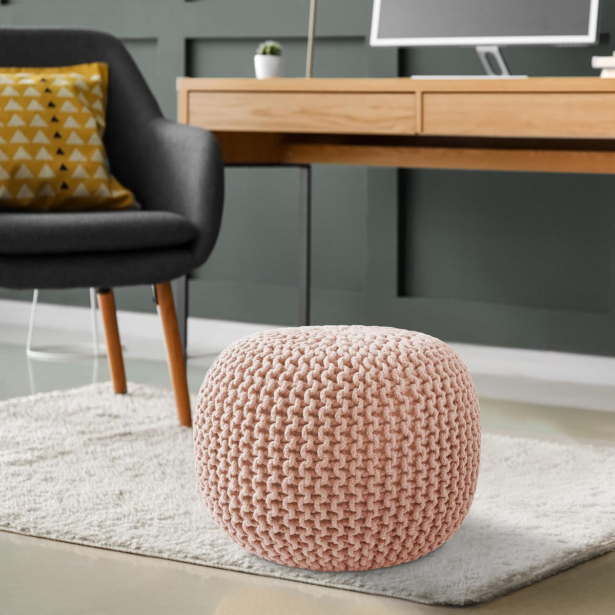 Casafield Round Pouf Ottoman, Light Pink - 20" Diameter x 14.5" High Cotton Knit Foot Stool - Boho