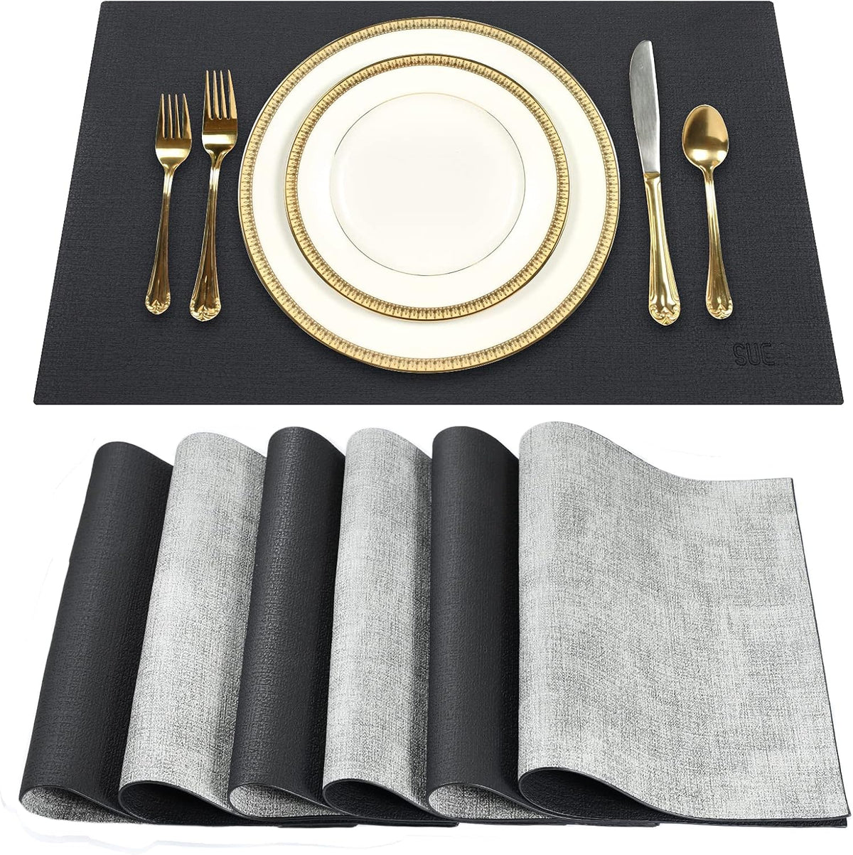 SUEH DESIGN Leather Placemats Set of 6 Reversible Table Mats Heat Resistant Waterproof No-Slip