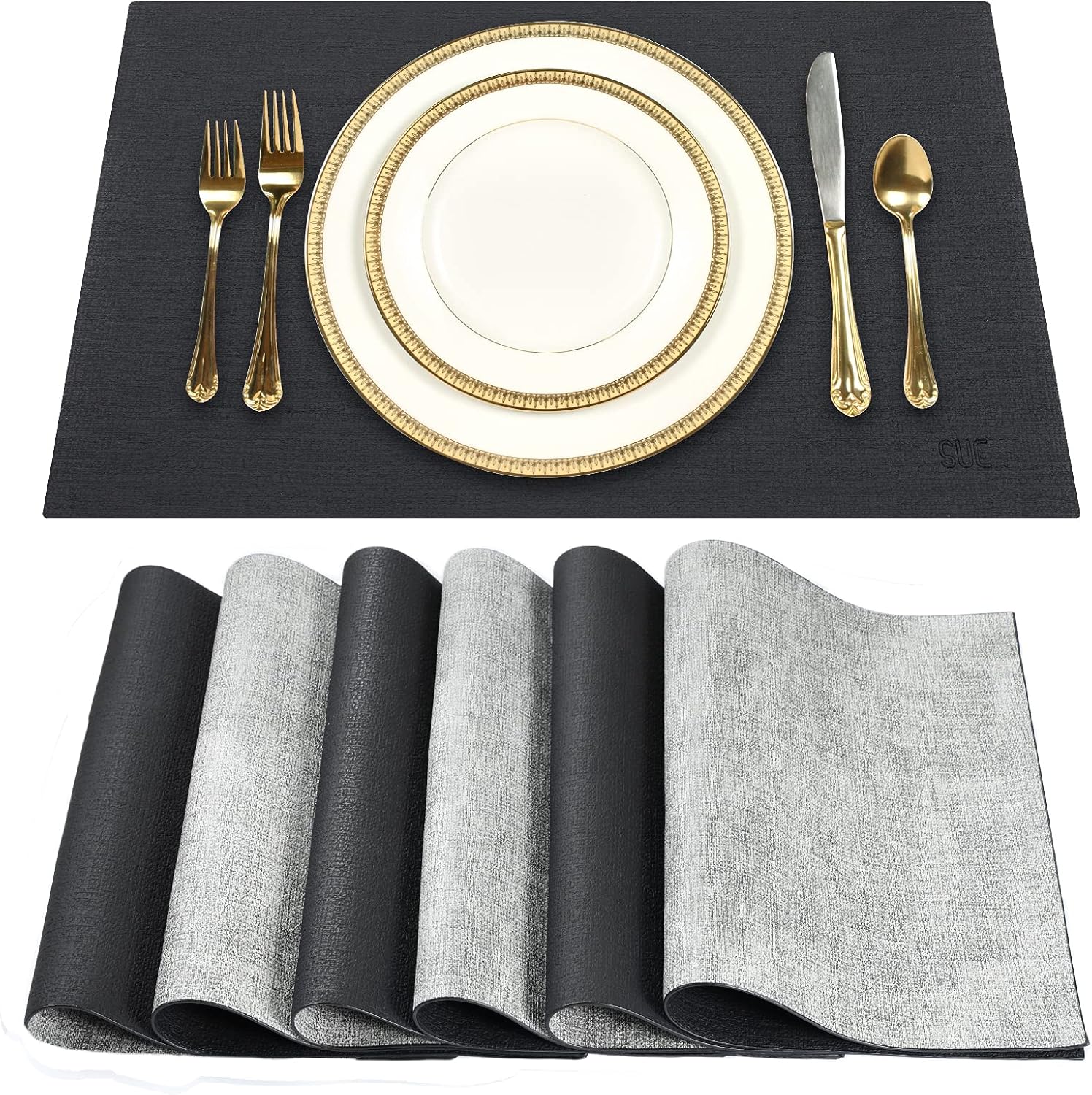 SUEH DESIGN Leather Placemats Set of 6 Reversible Table Mats Heat Resistant Waterproof No-Slip