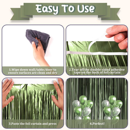 3 Pack 3.3 x 8.2 ft Matte Green Foil Fringe Backdrop Curtains, Tinsel Streamers Party Decorations