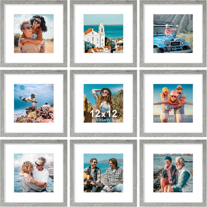 Vittanly 12x12 Picture Frames Set of 9, Shatter Resistant Plexiglass, Display 8x8 Pictures with Mat