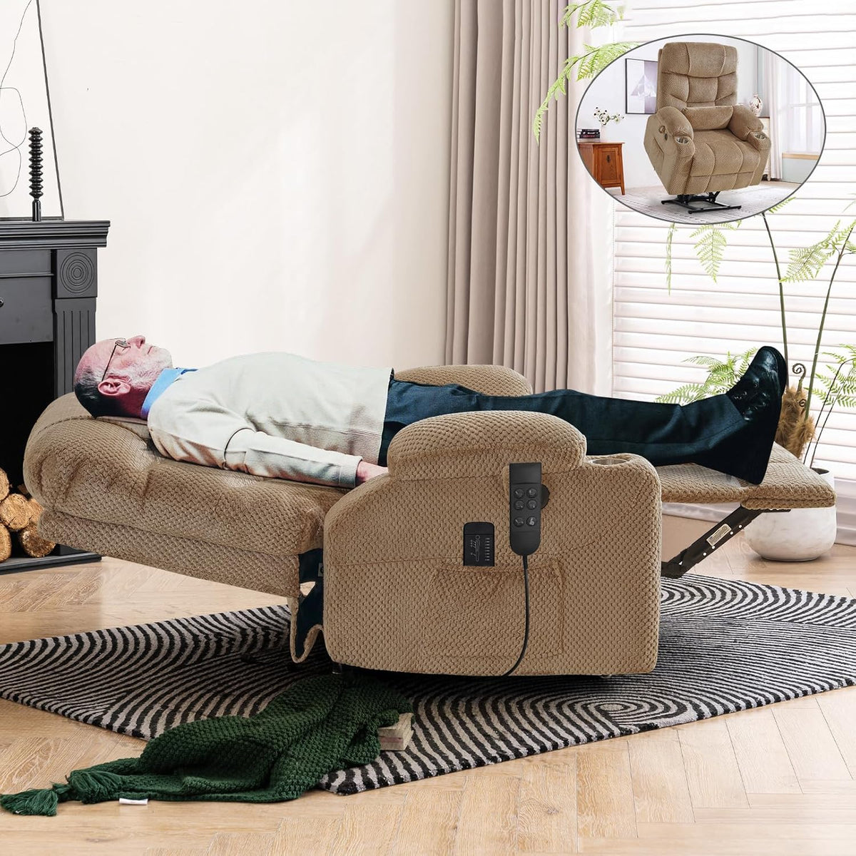 Oversized Dual Motor Lay Flat Power Lift Recliner Chair with Massage, Heating, Lumbar Pillow, USB &