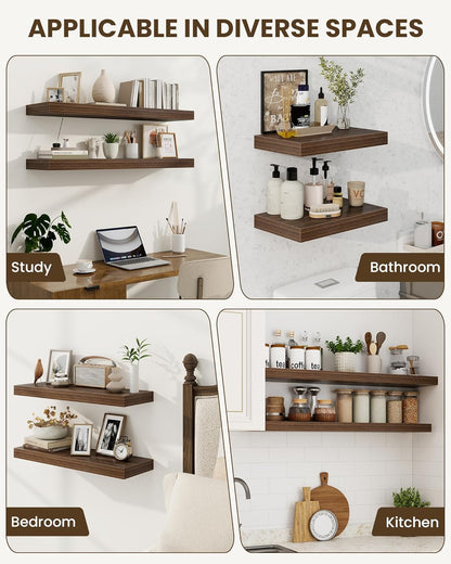 Marsmiles 16" Floating Shelves for Wall, Wooden Shelves with Invisible Brackets Set of 2, Rustic