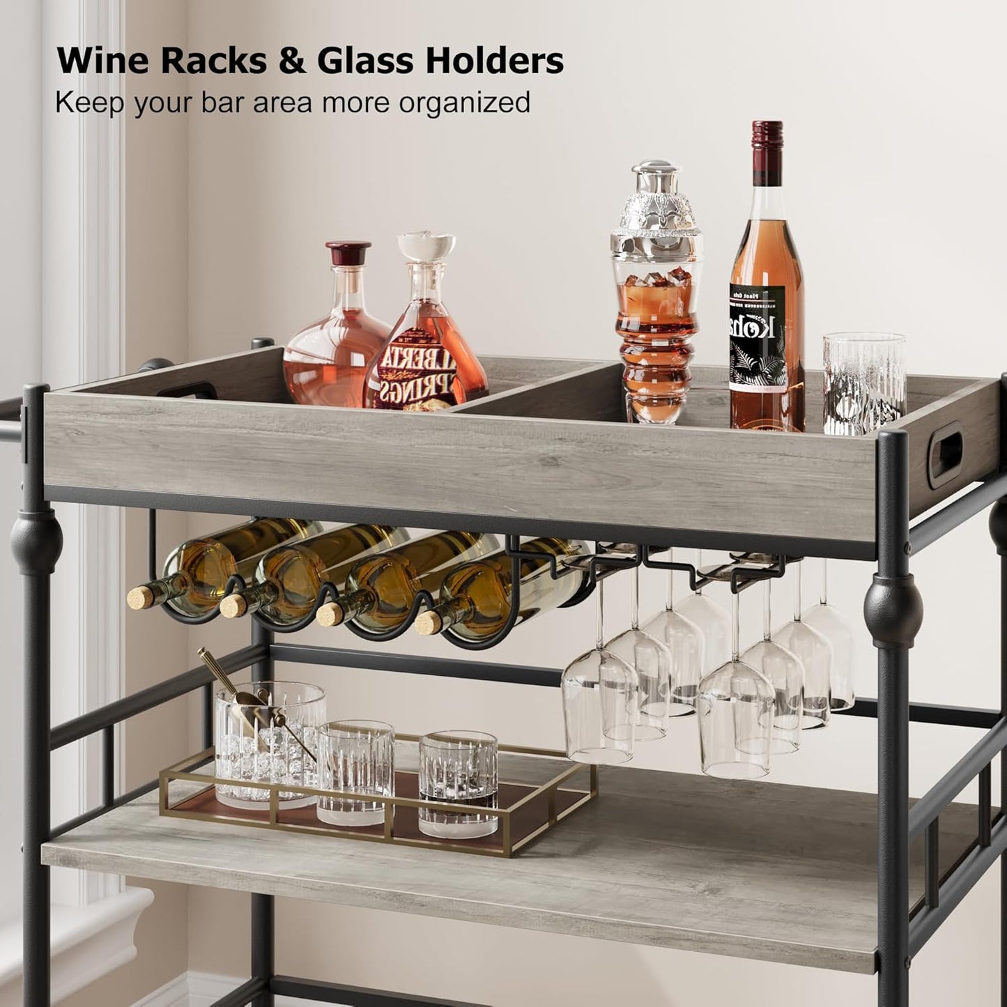 GarveeHome Bar Cart, Bar Carts for The Home, 3 Tier Serving Cart with Wheels, Home Bar & Serving