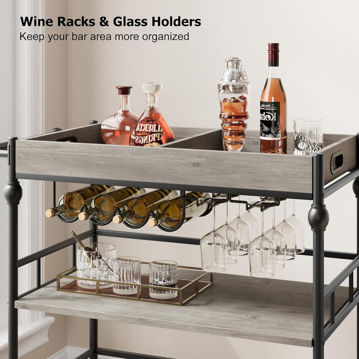 GarveeHome Bar Cart, Bar Carts for The Home, 3 Tier Serving Cart with Wheels, Home Bar & Serving