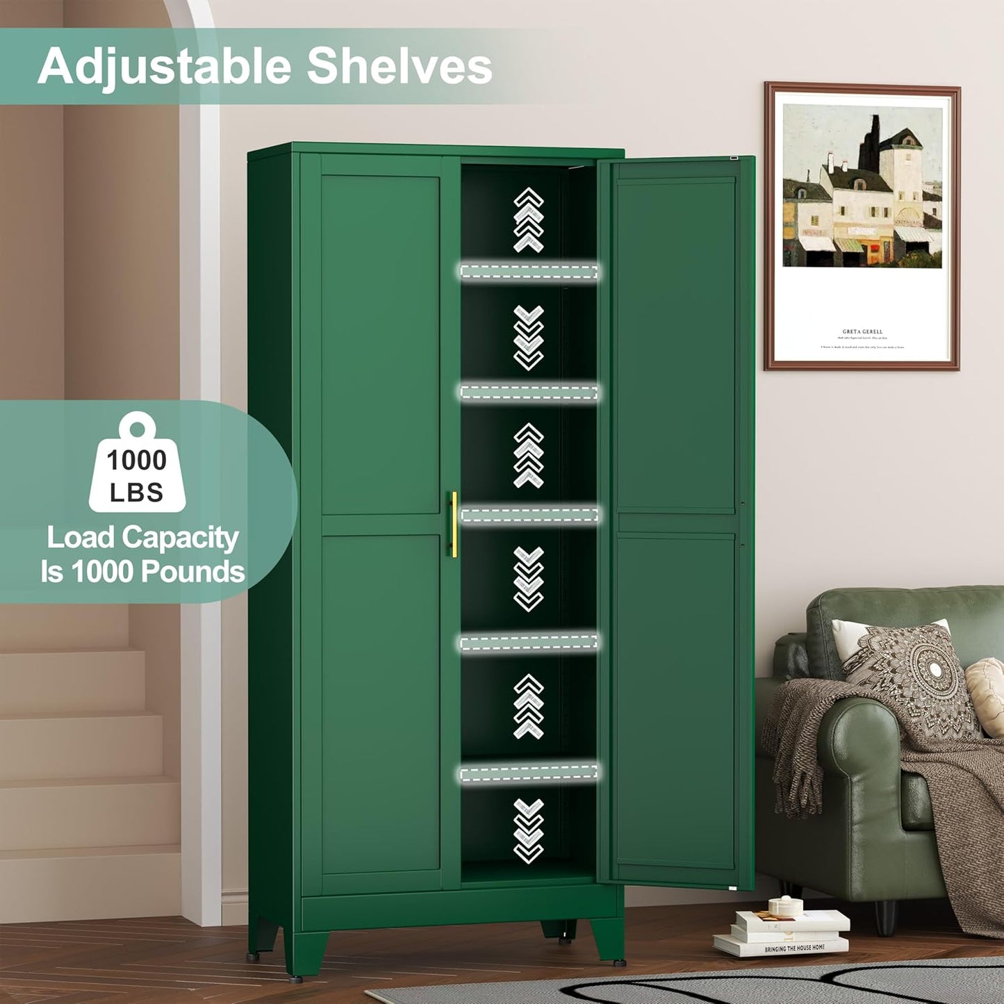 Metal Pantry Cabinet with 2 Doors and 5 Adjustable Shelves, 75" Kitchen Storage Cabinet with Gold