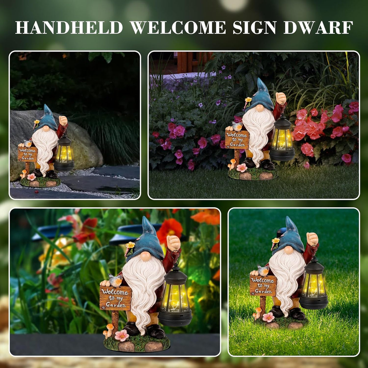 Garden Gnome Statues Figurine Lights - Solar Powered Lighting Outdoor Decorations with Lantern &