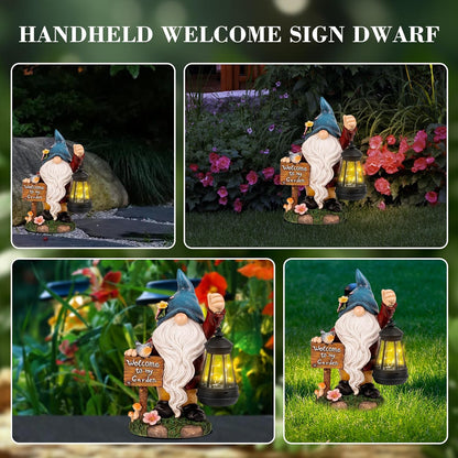 Garden Gnome Statues Figurine Lights - Solar Powered Lighting Outdoor Decorations with Lantern &