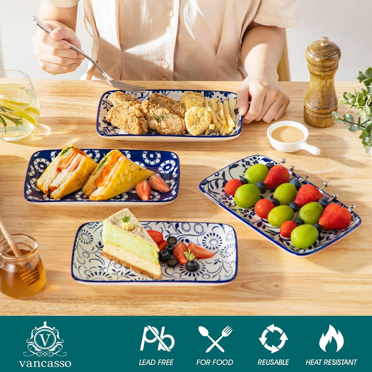 vancasso Selene 8.5 Inch Rectangular Salad Plates Set of 6, Ceramic Salad Plates for Sushi