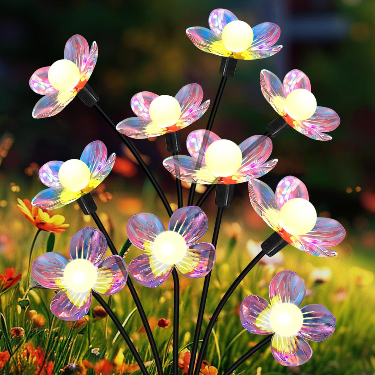 Solar Garden Lights Outdoor, New Upgraded 4-Pack Firefly Solar Lights with Iridescent Petals & Warm