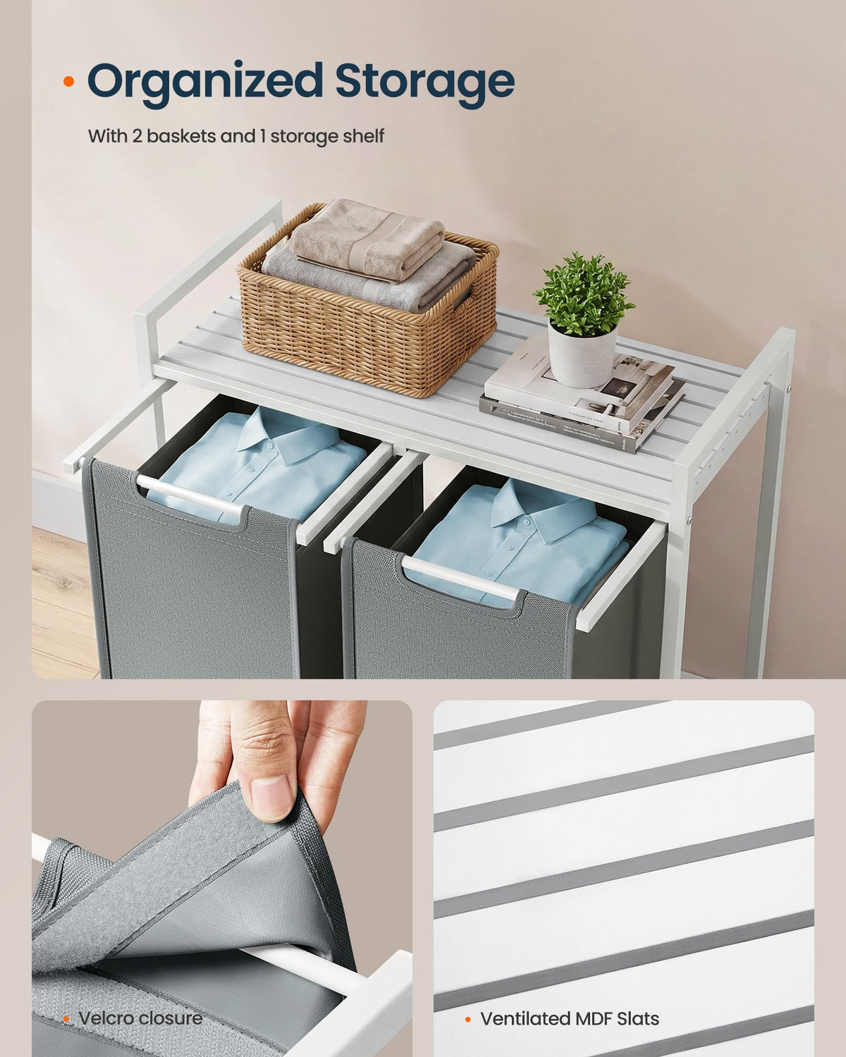 SONGMICS HOME Laundry Basket Sorter with Storage Shelf, Laundry Hamper with Metal Frame, 2 x 12.1