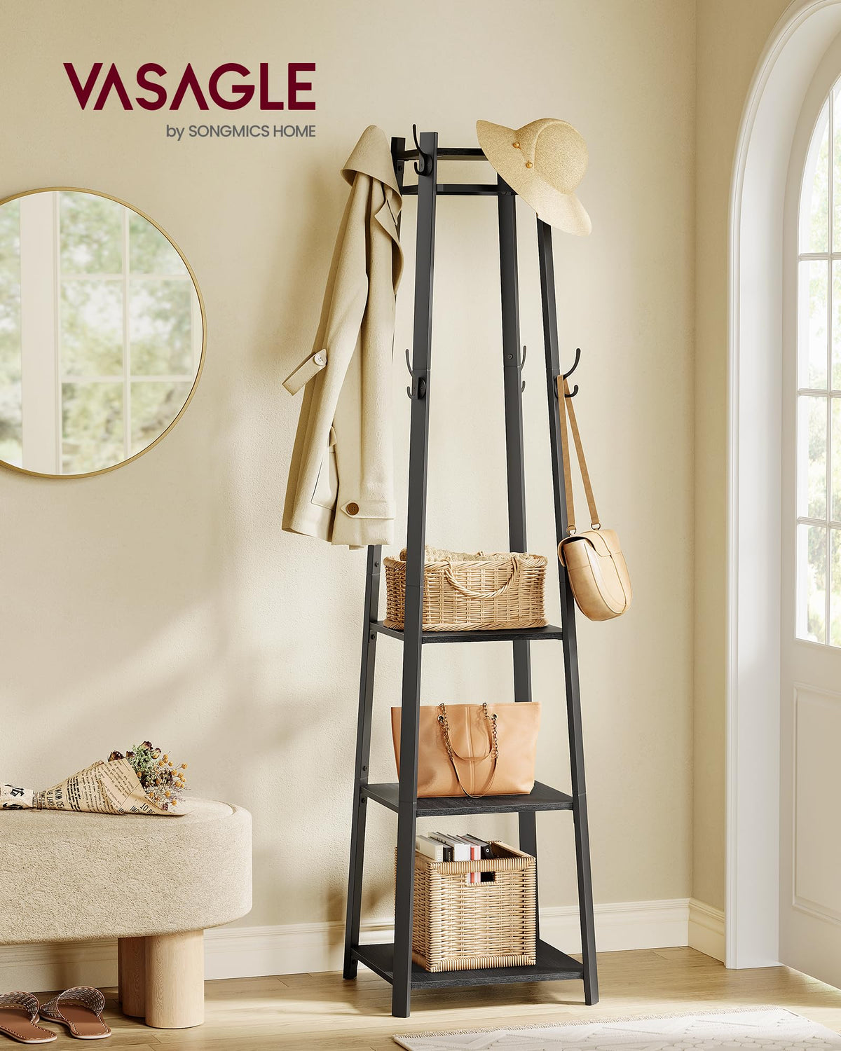 VASAGLE Coat Rack Freestanding, Hall Tree with 4 Shelves