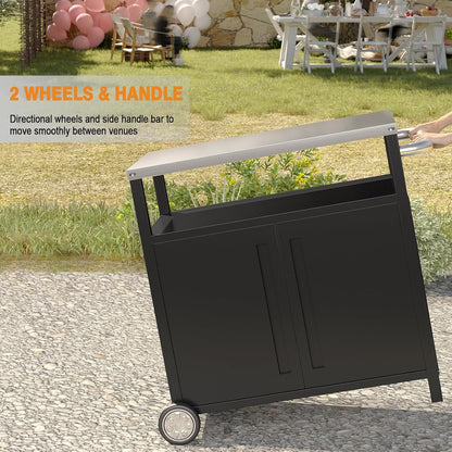 Outdoor Grill Cart with Storage Cabinet Stainless Steel Prep Stand with Storage Cabinet and Wheels
