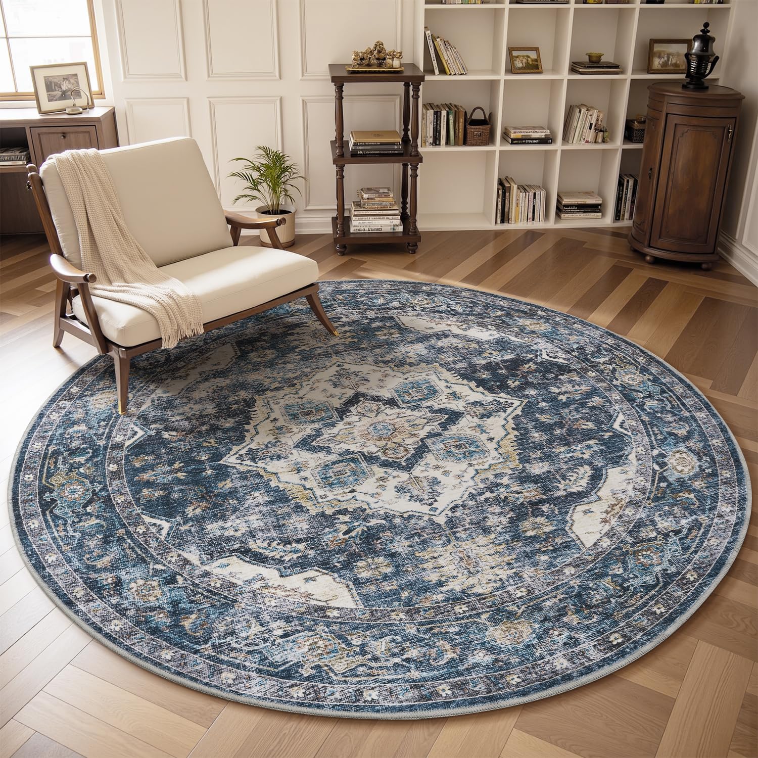 AMOAMI-6FT Round Rug-Rugs for Living Room-Vintage Soft Blue Rugs for Bedroom-Non Slip Circle