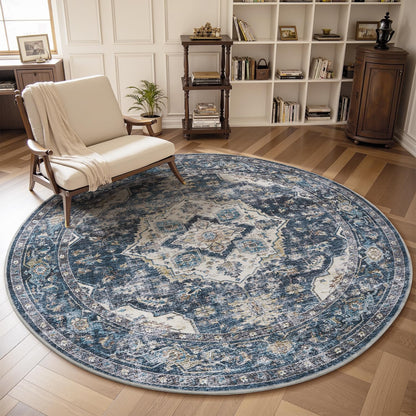 AMOAMI-6FT Round Rug-Rugs for Living Room-Vintage Soft Blue Rugs for Bedroom-Non Slip Circle