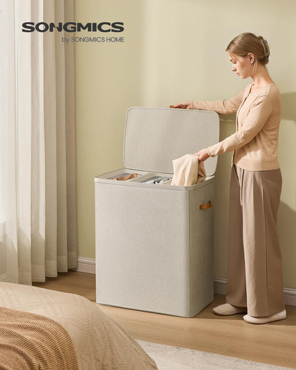 SONGMICS Laundry Basket, 50.2 Gal. Laundry Hamper, 3 Compartments, Easy Assembly, with Lid and