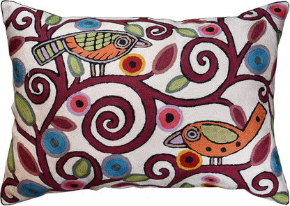 Lumbar Klimt Modern Pillow Cover | Cream, Multicolor Tree of Life, Birds, Floral Suzani Floral