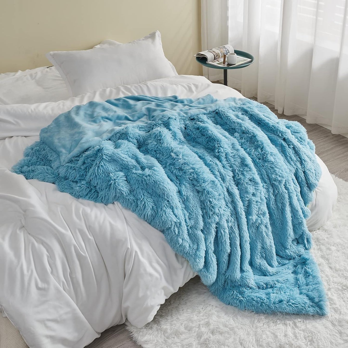 GONAAP Fuzzy Faux Fur Throw Blanket Sky Blue Super Soft Cozy Plush Fuzzy Shaggy Blanket for Couch