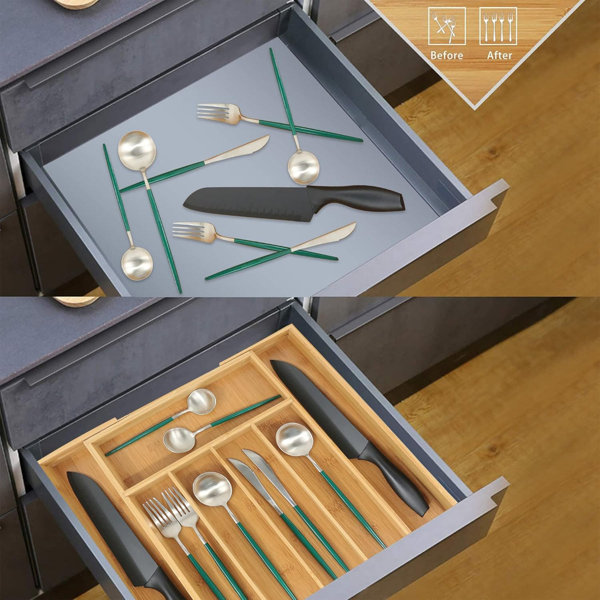 VaeFae Bamboo Drawer Organizer, Expandable Silverware Drawer Organizer, Cutlery Tray with Dividers