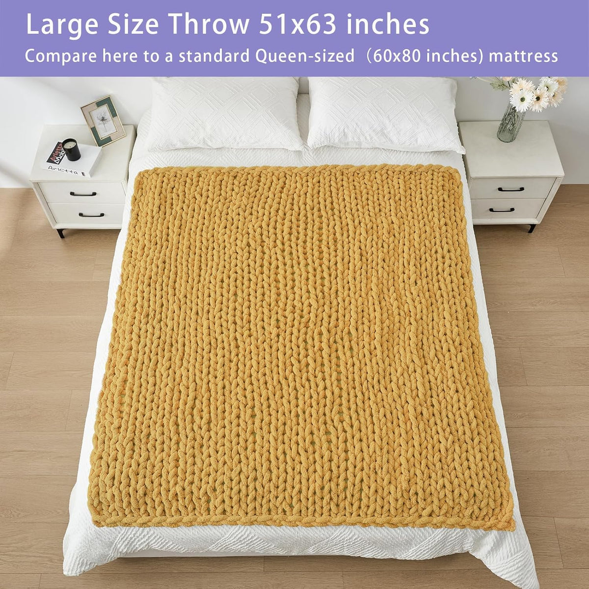 Bigacogo Chunky Knit Throw Blanket for Couch, 51x63 inches, 100% Hand Knitted with Thick Jumbo