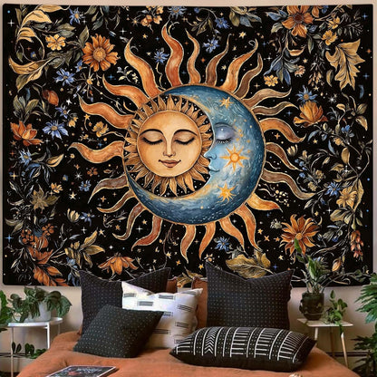 Aipon Sun and Moon Tapestry for Bedroom Boho Vintage Floral Hippie Wall Tapestry Aesthetic Retro