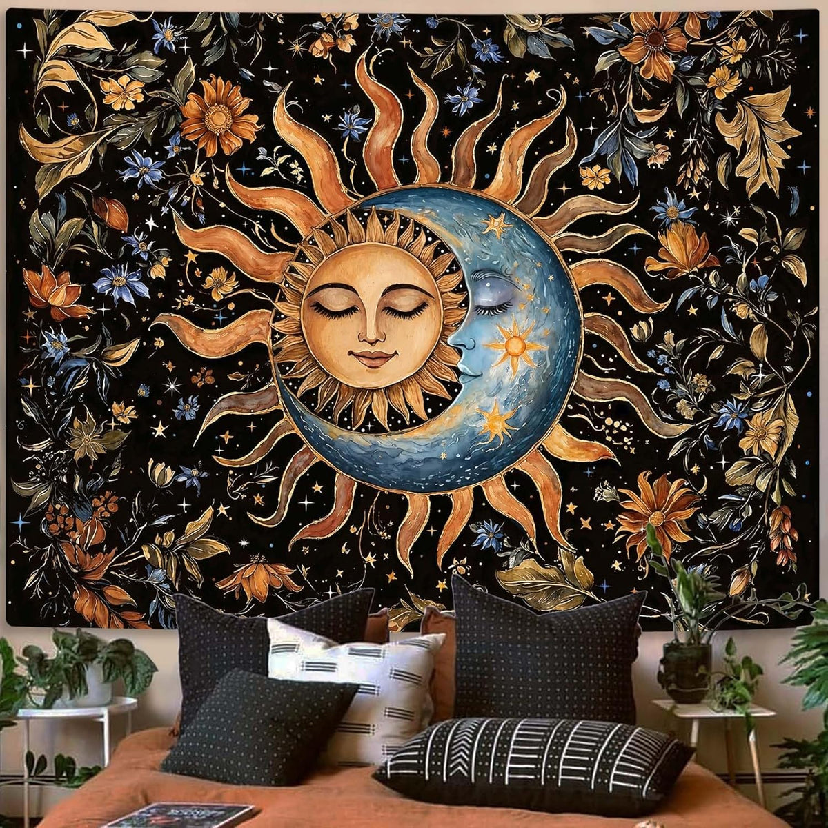 Aipon Sun and Moon Tapestry for Bedroom Boho Vintage Floral Hippie Wall Tapestry Aesthetic Retro