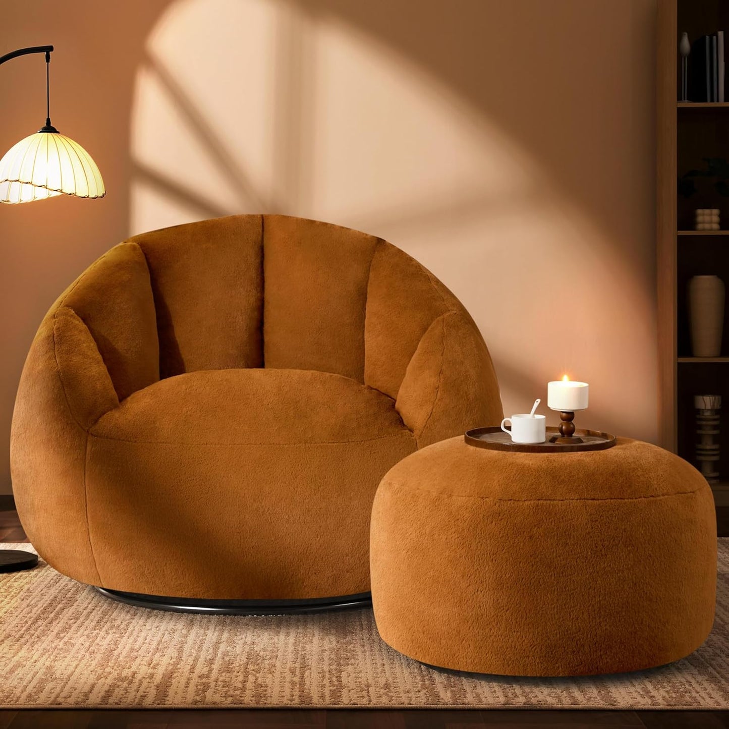 Giant Bean Bag Swivel Chair for Adults - Comfy Plush Round Shell Soft Accent Chaise Lounge Indoor