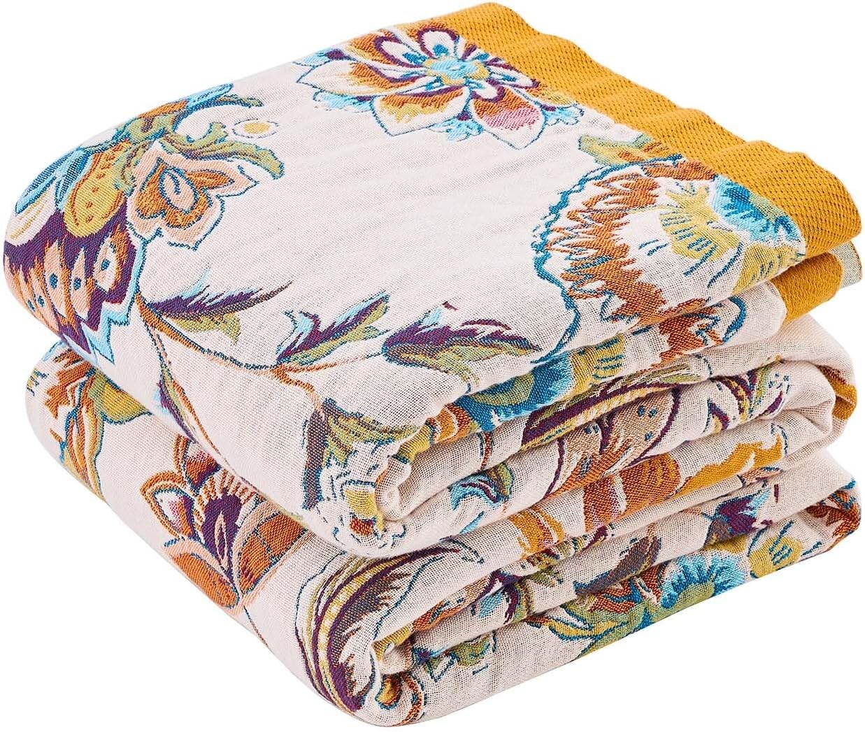 Boho Throw Blanket for Bed, 100% Cotton Soft Rustic Quilt Fall Blanket, 90"x98" Floral Printed