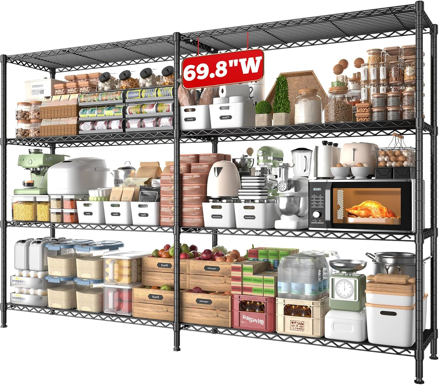 REIBII 69.8" W Storage Shelves 1250LBS Wire Shelving Unit 4 Tier Metal Shelving for Storage Rack