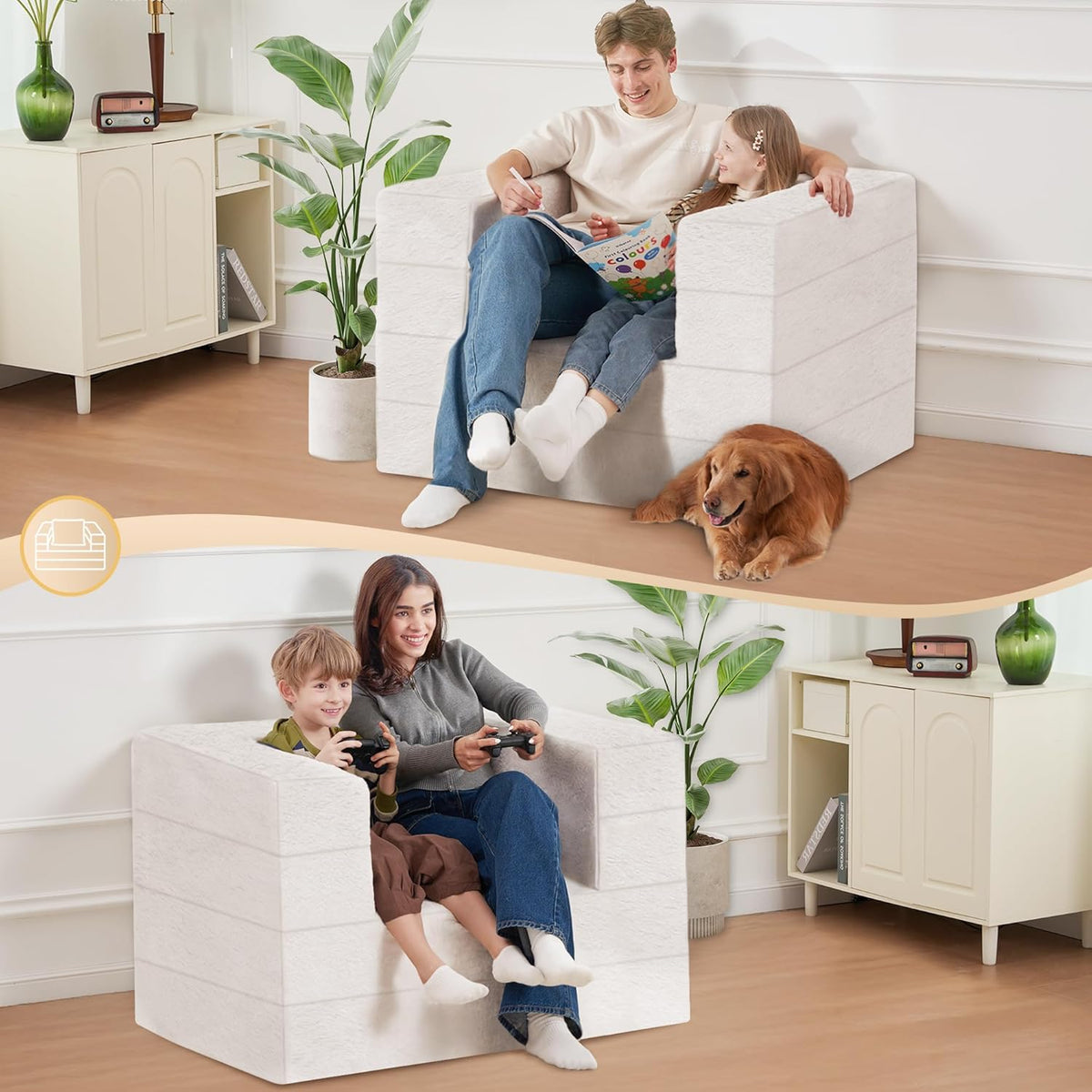 Folding Bean Bag Chair for Adults,3-in-1 Bean Bag Couch Faux Fur Floor Sofa Large Beanbag