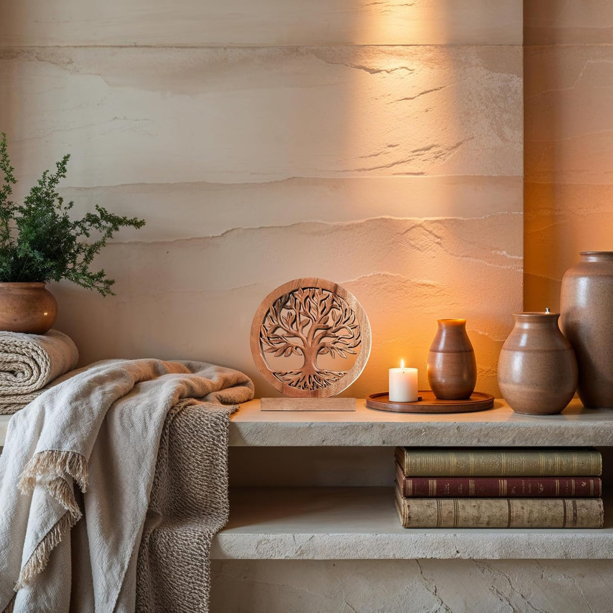 Decozen Solid Wood Tree of Life Sculpture - Home Decor, Living Room, Boho, Shelf, Coffee Table