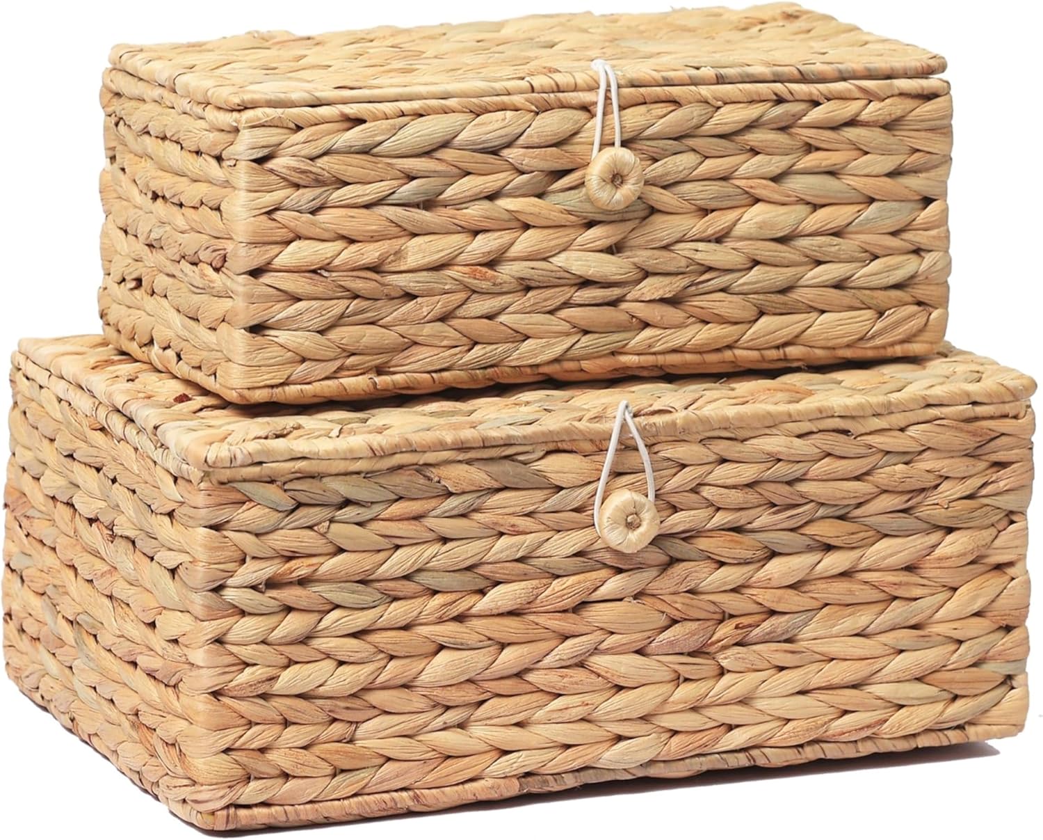 Set of 2 Rectangular Wicker Storage Bins with Lid, Rattan Basket Decorative Boxes, Multipurpose