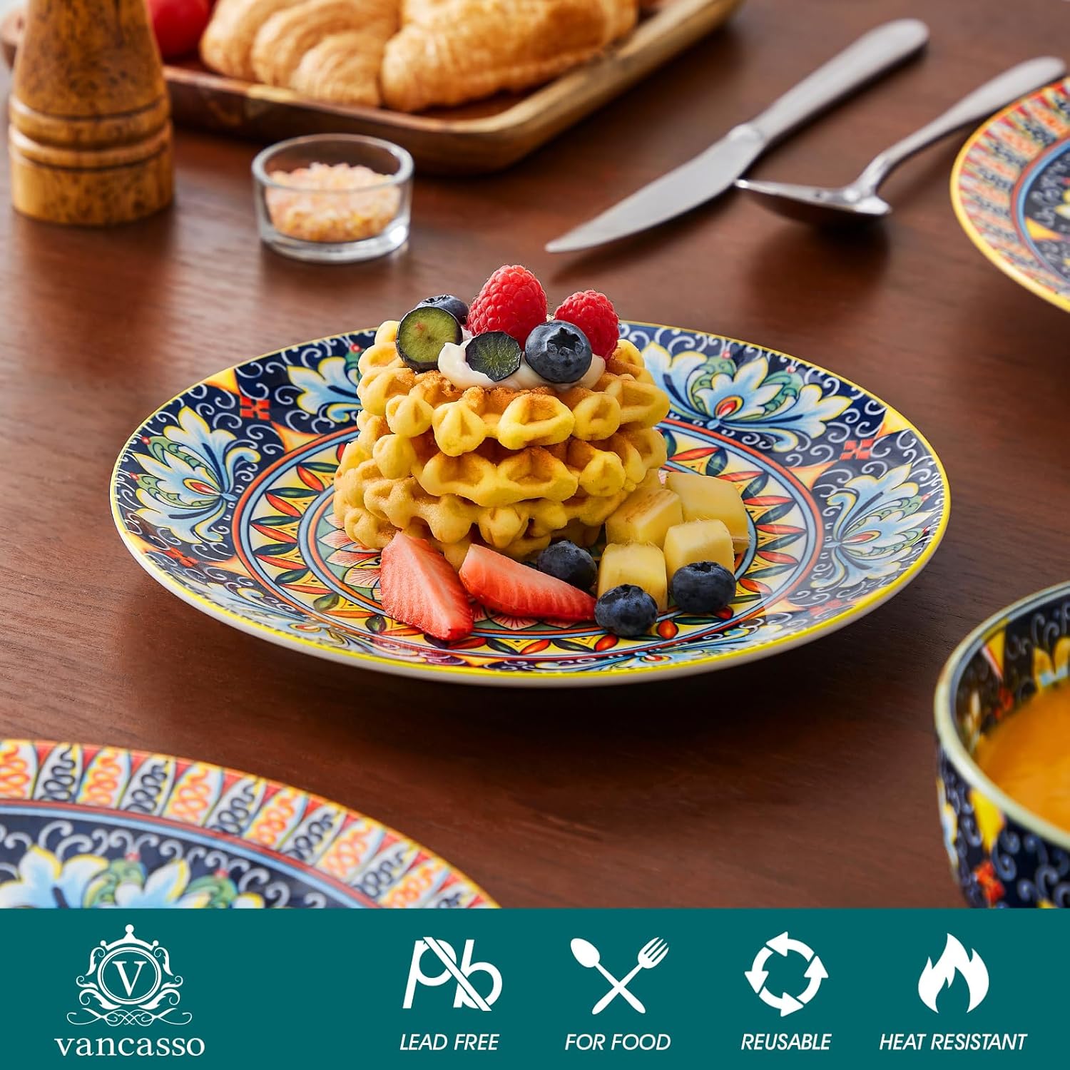 vancasso 12 Pieces Dinnerware Sets, Yellow Plates and Bowls Set, Porcelain Dishes Set for 4