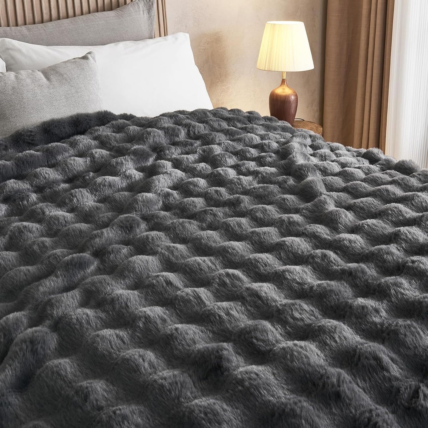 Lotus Karen Queen Size Faux Fur Blanket Dark Gray - Big Bubble Rabbit Fluff Throw for Bed Large