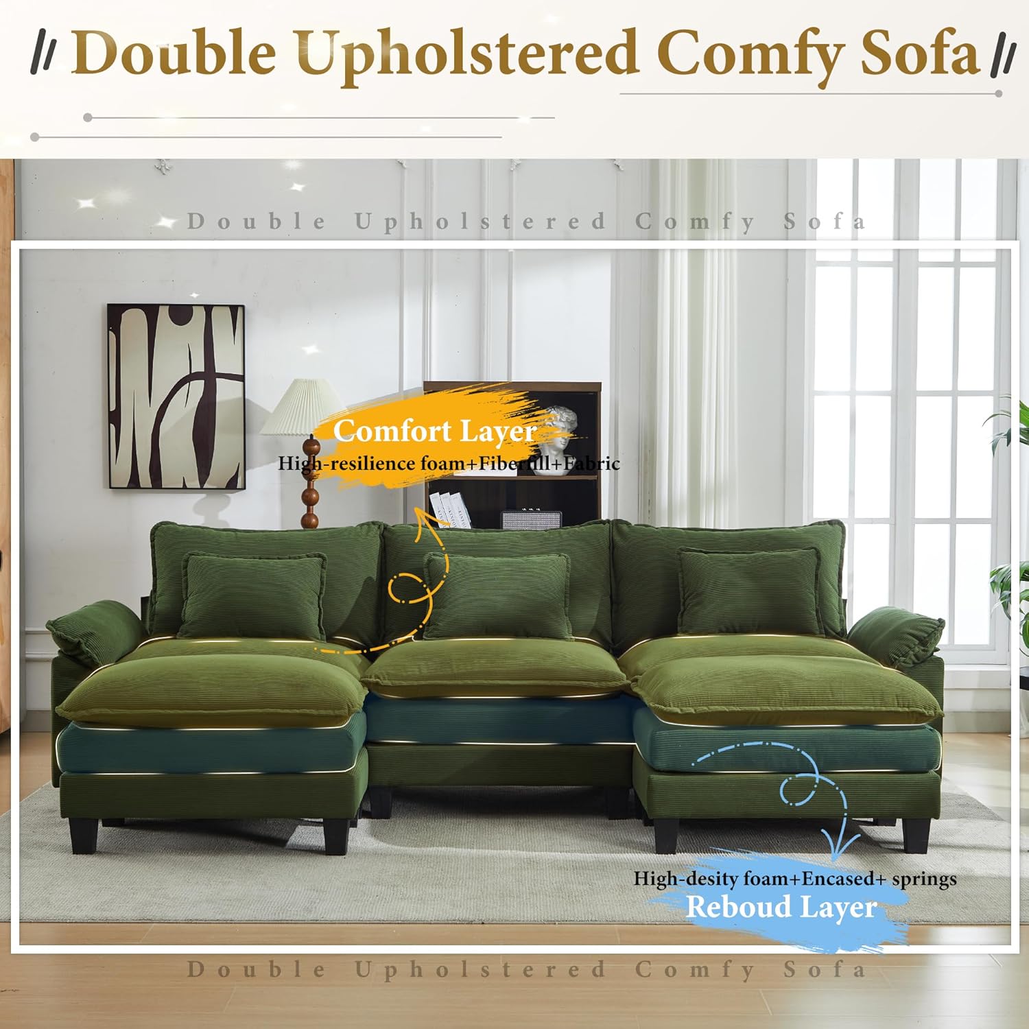 URRED Modular Sectional Sofa Comfy Cloud Couch, Modern Corduroy Sofa Sleeper Deep Seat Couches with