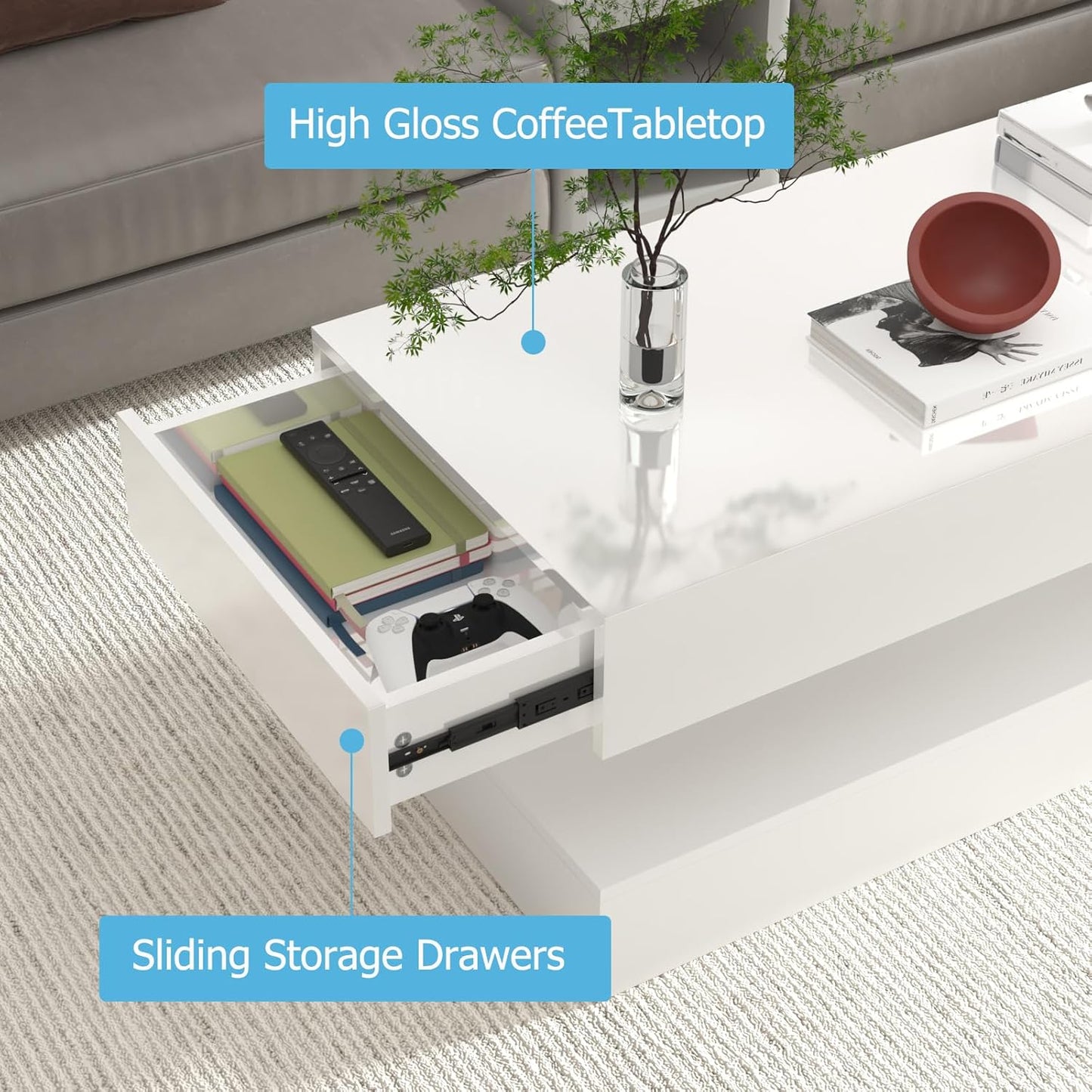 Uspeedy 47.3IN High Glossy LED Coffee Table,APP LED Lights,Black/White, Modern Furniture for Living