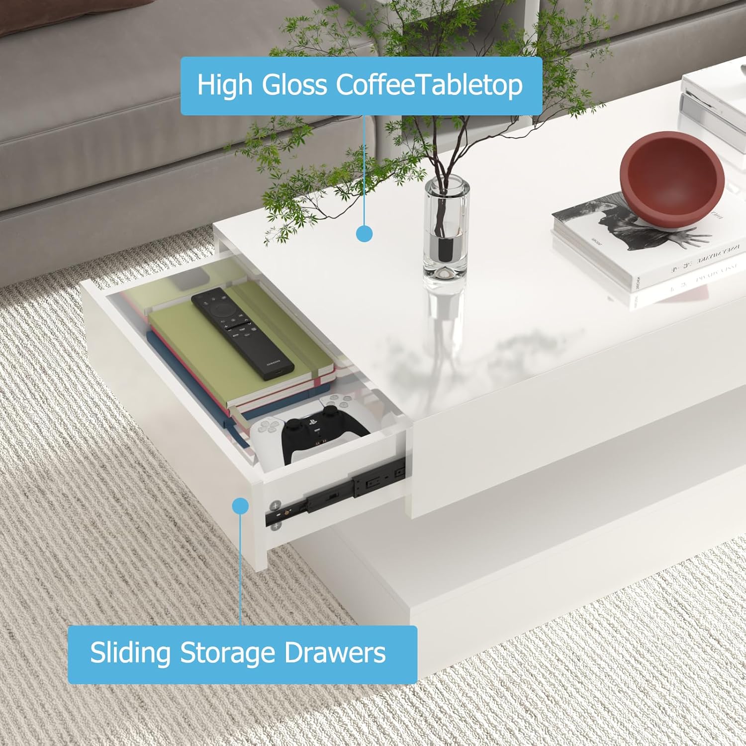 Uspeedy 47.3IN High Glossy LED Coffee Table,APP LED Lights,Black/White, Modern Furniture for Living
