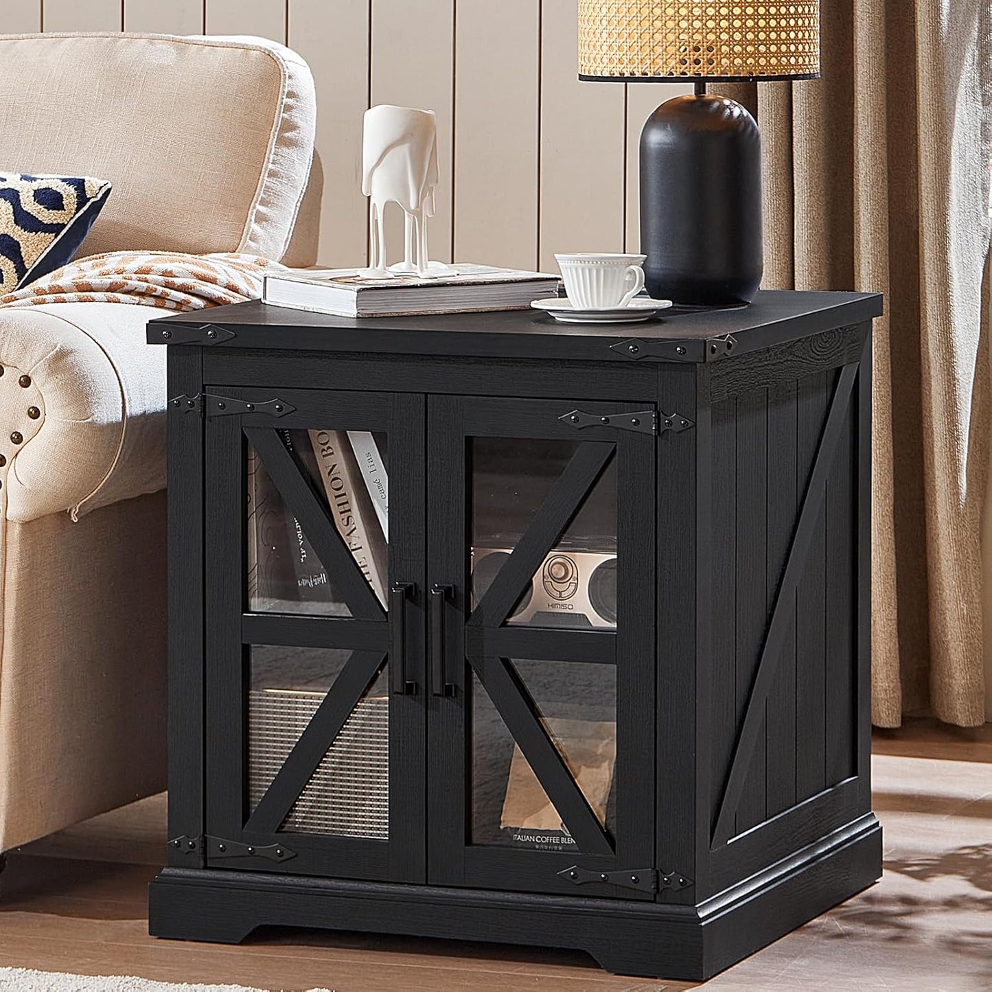 24" End Table with Charging Station, Farmhouse Night Stand with Glass Barn Door, Black Nightstands